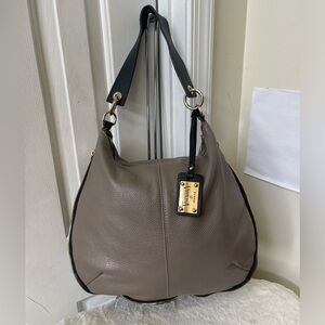Valentina Taupe and Black Leather Shoulder Bag EUC
